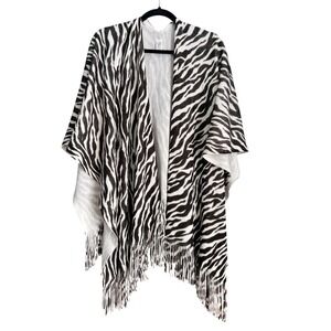 East 5th Zebra Print Fringe Wrap Shawl Poncho Black White OSFM‎ Animal Print